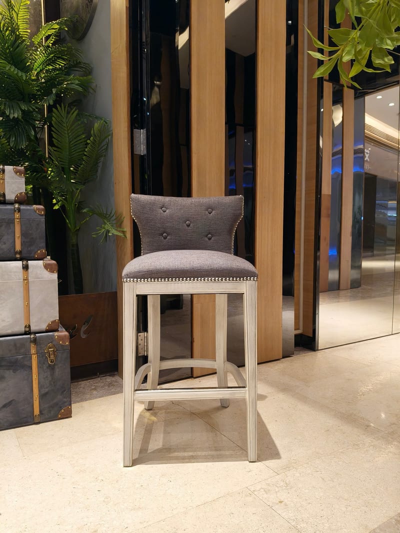 Solid Rubberwood Bar Stool in Light Gray Cotton-Linen