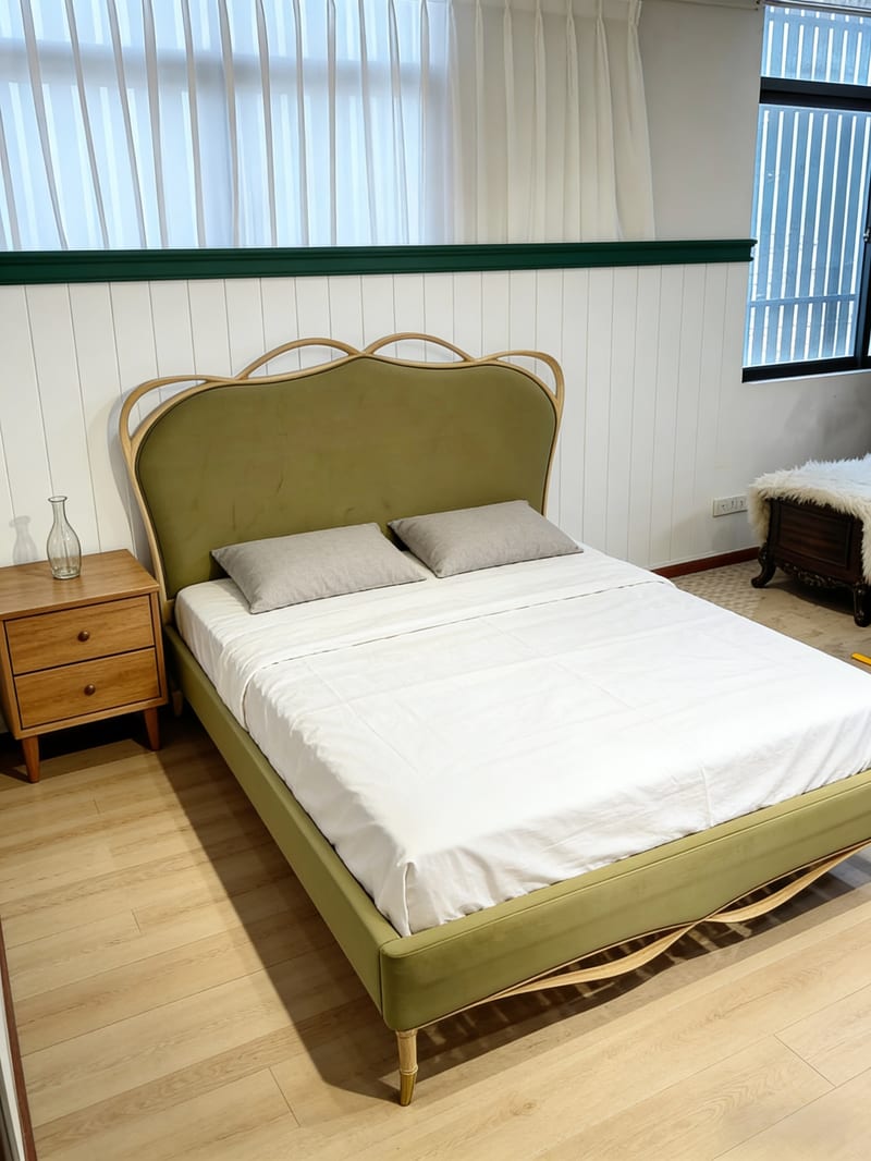 Youfan Art Bamboo Ribbon Bed with Rubberwood Frame and Suede Upholstery
