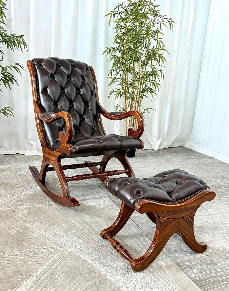 STDOME Ujin Wood & Leather Rocking Chair with Ottoman