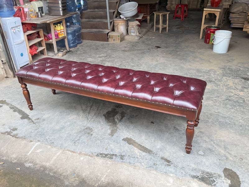 American Solid Wood Leather Bed Bench in Wine Red