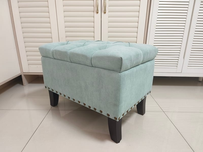 Rubberwood Upholstered Storage Ottoman in Light Blue-Green
