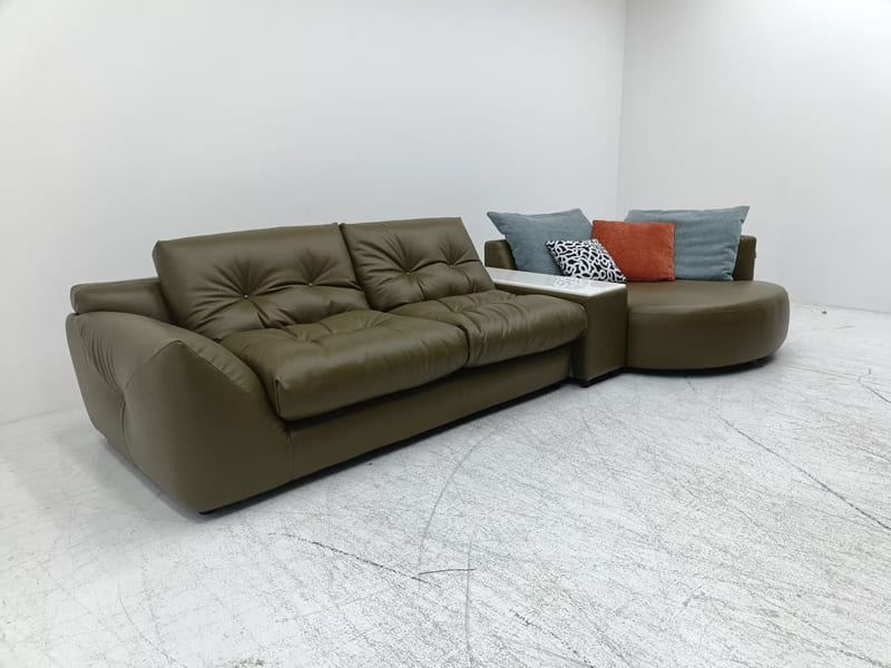 Minimalist Leather Sofa in Olive Green with Chaise