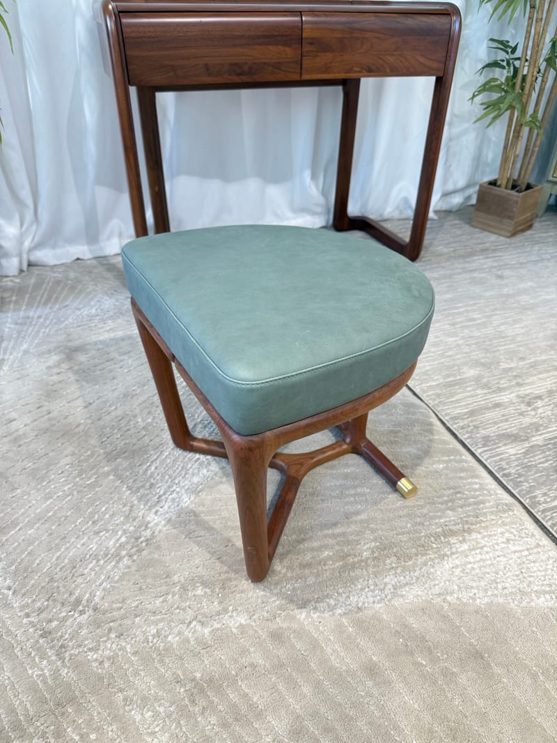 Mid-Century Walnut & Full-Grain Leather Vanity Stool, Sage Green