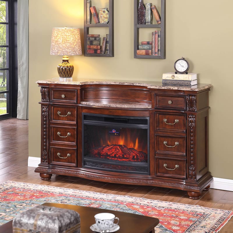 American Solid Wood Carved Fireplace Cabinet with Marble Top