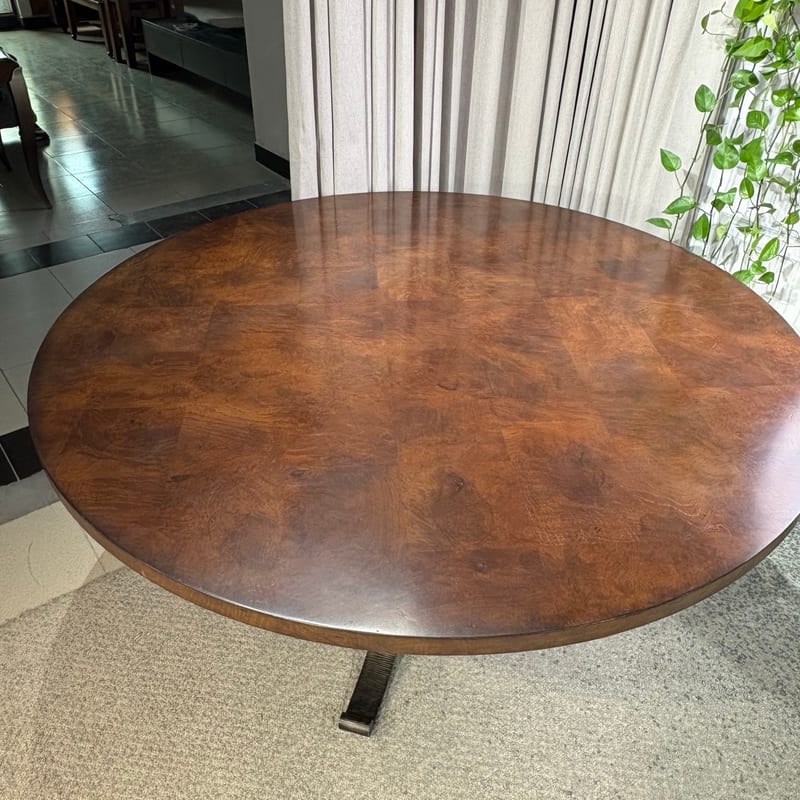 Round Pedestal Dining Table, Deep Brown Veneer Top, Metal Base