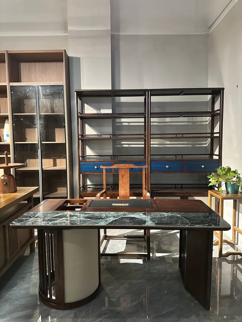 新中式乌金木岩板茶台 长方形茶桌餐桌两用