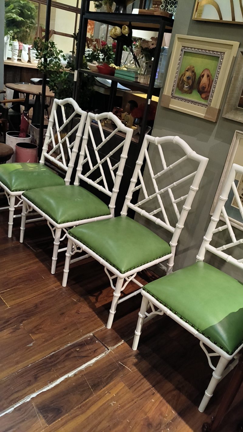 Farmhouse Bamboo-Node Dining Chair, Solid Mahogany Frame with Green Leather Seat