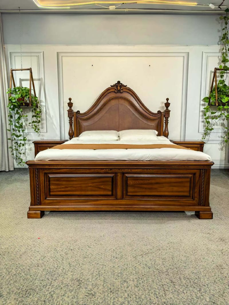M902 American King Bed Solid Elm with Leather Upholstery