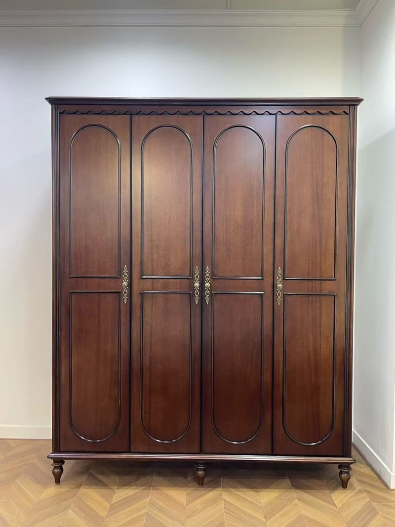 French-Style Solid Mahogany 4-Door Wardrobe