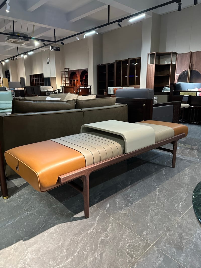 HEYAN H-Yan Tingfeng New Chinese Leather Solid Wood Bench