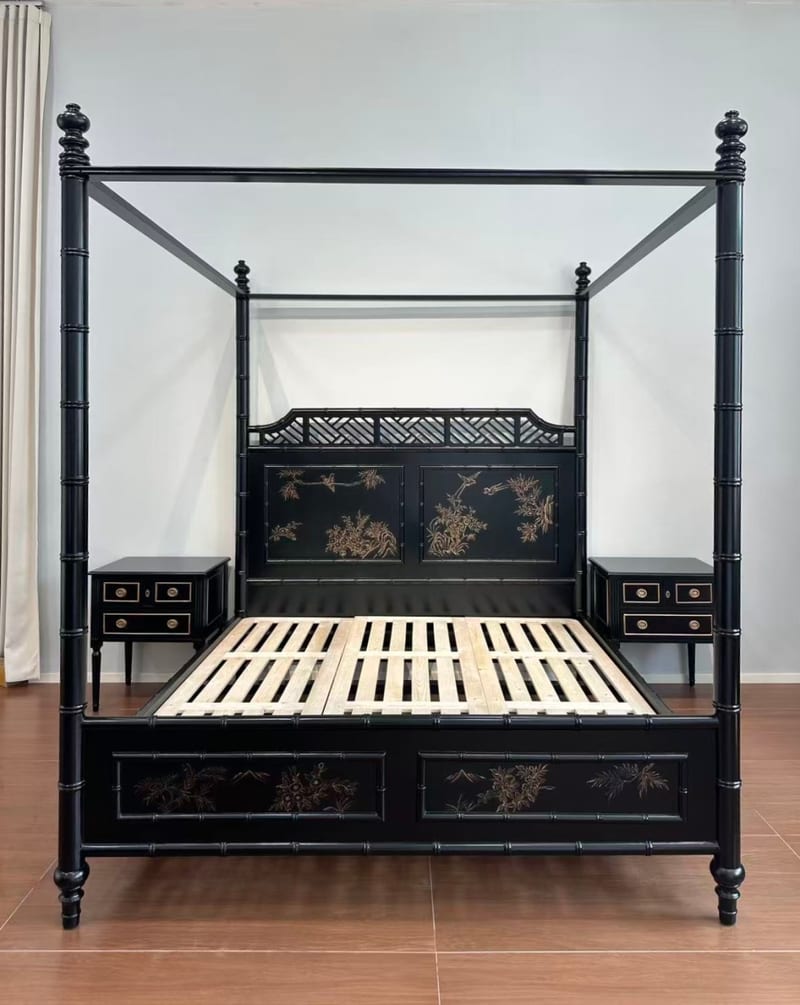 Solid Beech Mid-Century Canopy Bed, Black