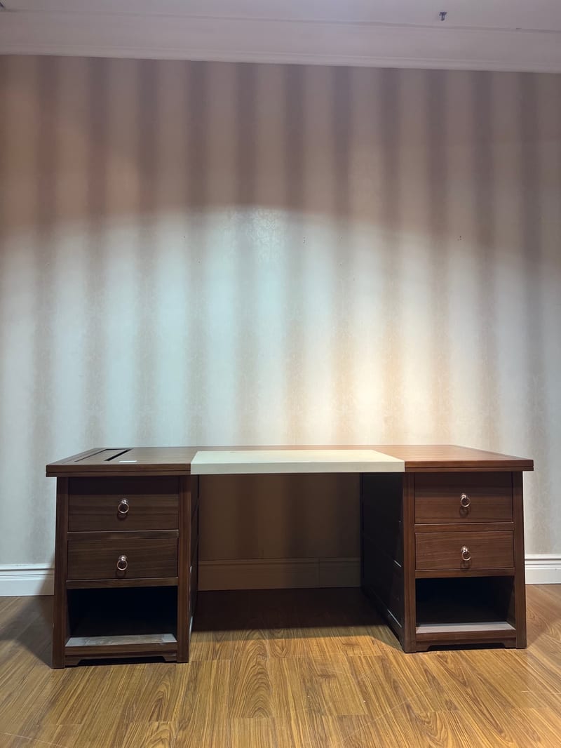 Ash Wood Home Office Desk with Storage Base, Dark Brown