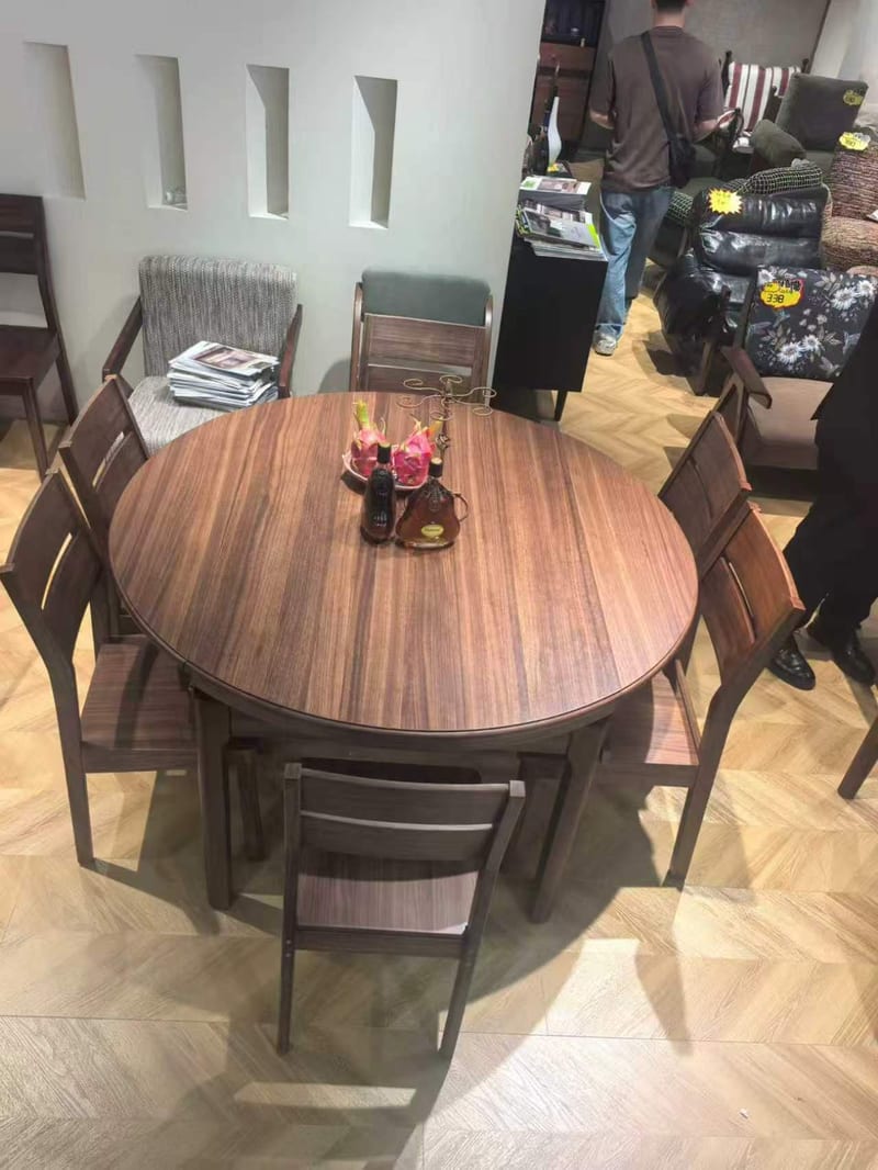 Solid Rubberwood Round Folding Dining Table Set with 6 Chairs