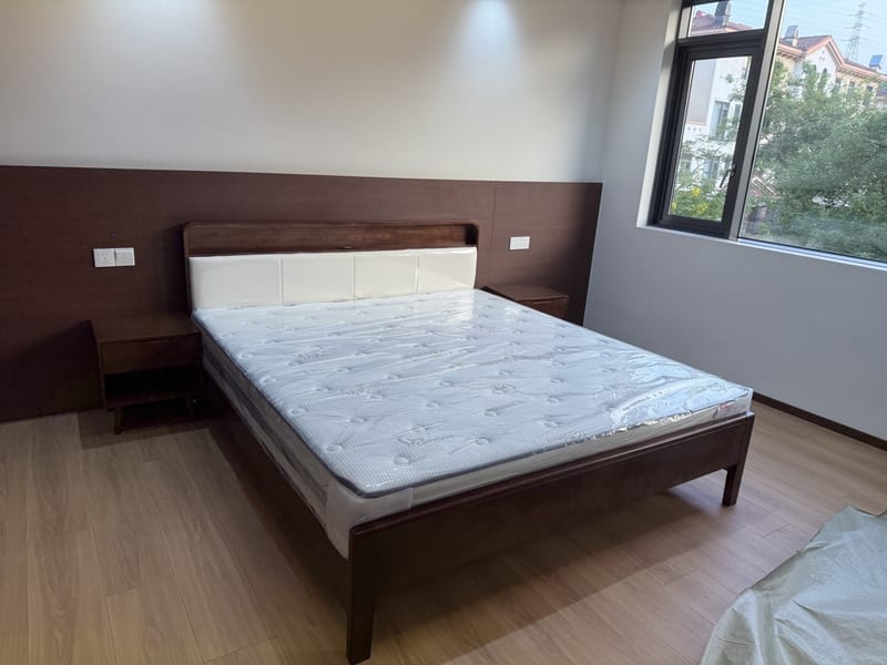 NEECCA Walnut Solid Wood Upholstered Bed with Mattress