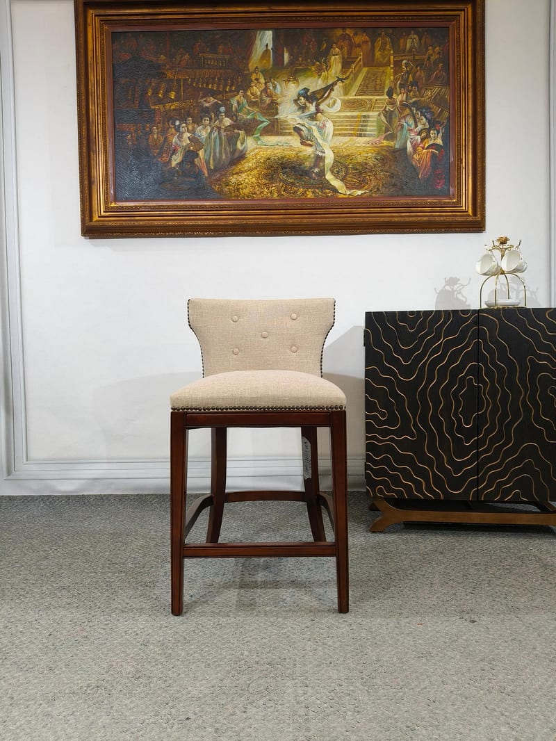 Rubberwood Bar Stool with Cotton-Linen Upholstery