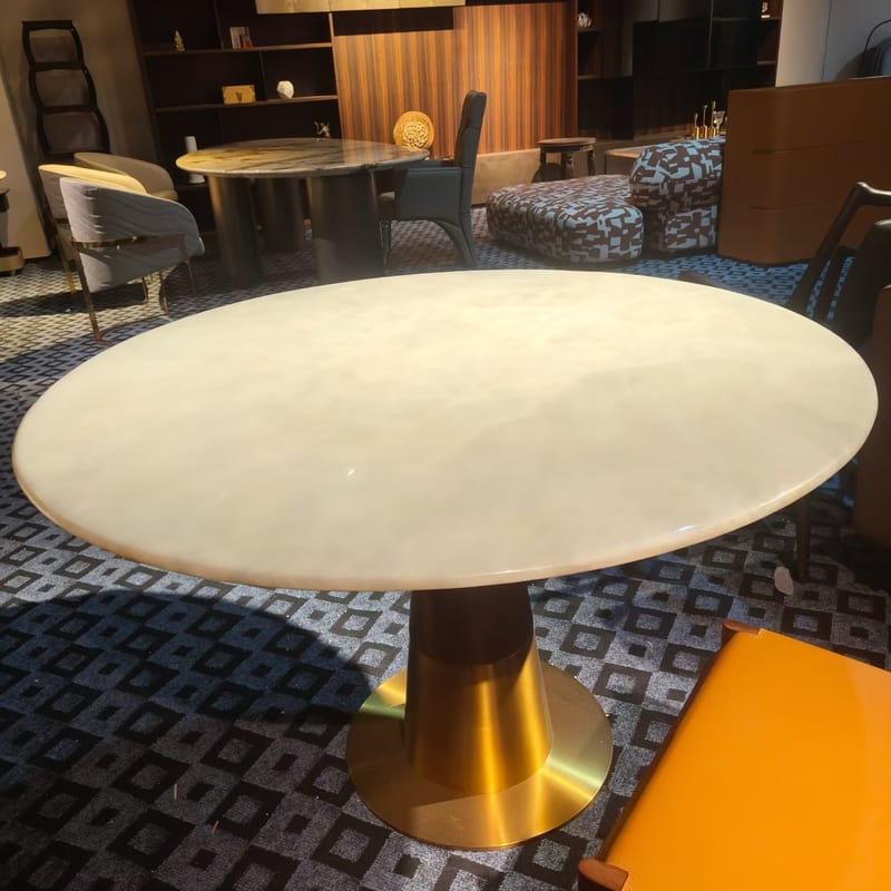 Modern Round Dining Table Set with White Jade Stone Top & Walnut Base, 4 Chairs