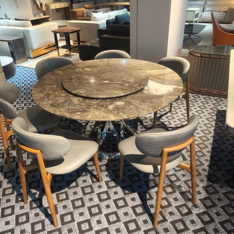 Modern Round Venetian Brown Stone Dining Set with 6 Leather Chairs
