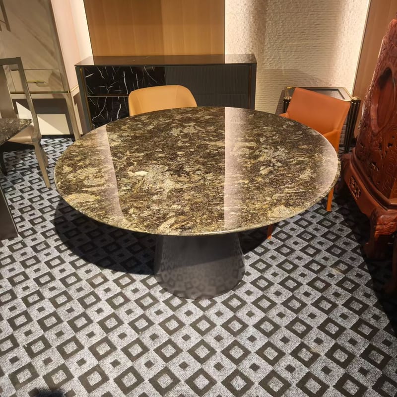 Platinum Diamond Marble Round Dining Table Set with 6 Chairs