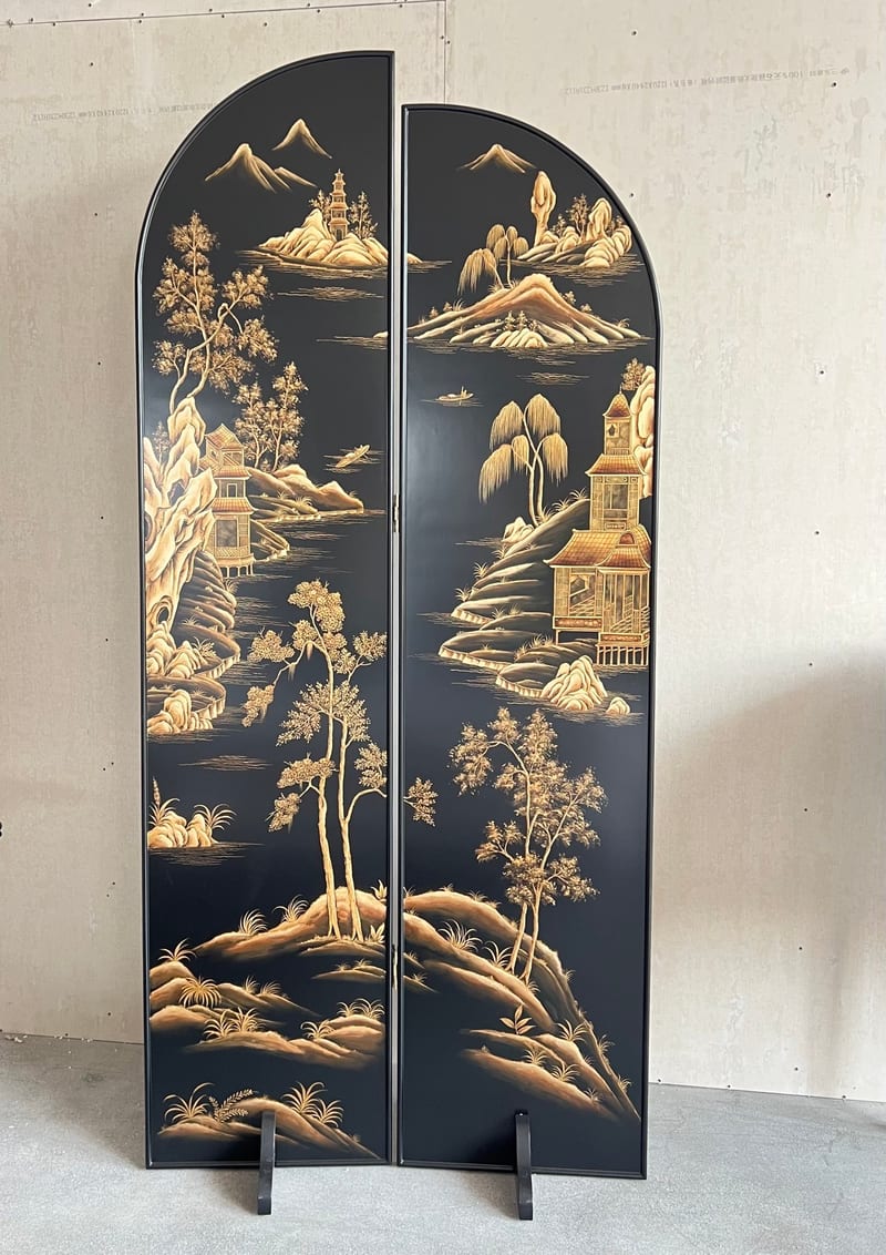 Elizabeth II Landscape Screen Black & Gold Solid Wood Foldable