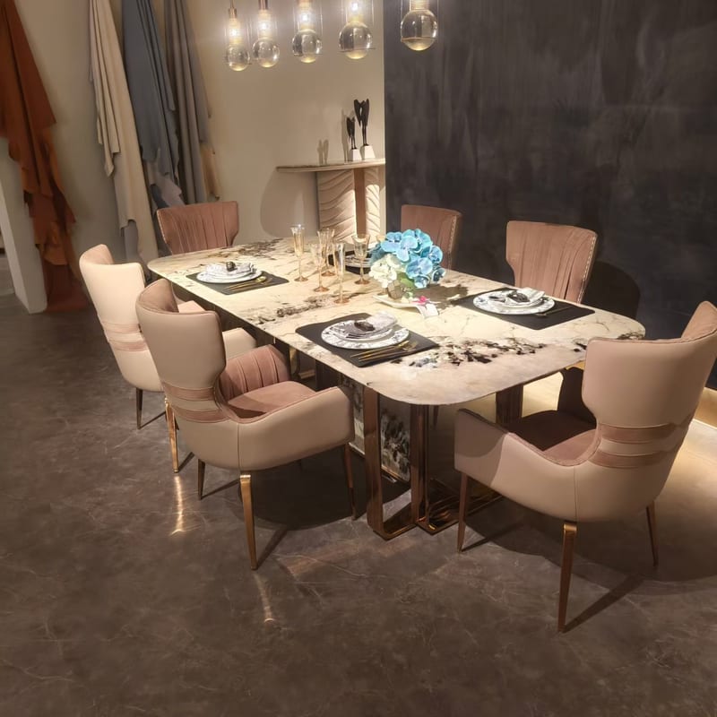Italian Pandora Stone Dining Set with Six Leather Chairs