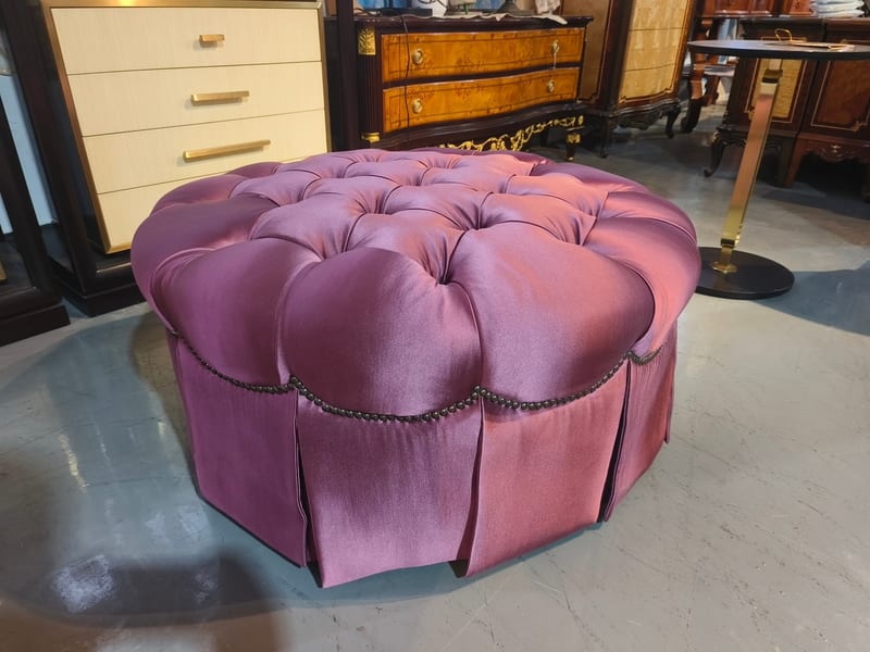 French Neoclassical Round Ottoman in Vintage Purple