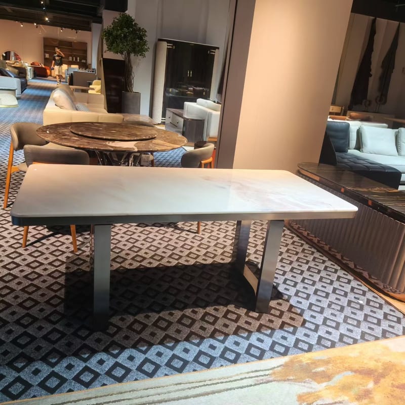 Pink Marble Rectangular Dining Table, Stainless Steel Base