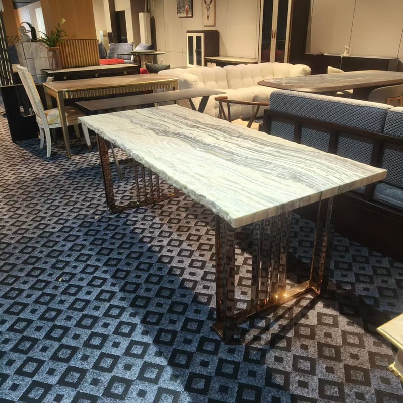 Rose Gold Stainless Steel & Natural Travertine Long Dining Table