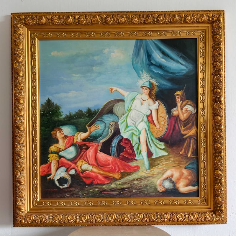 Hand-Painted Oil Painting in Distressed Gold Wood Frame
