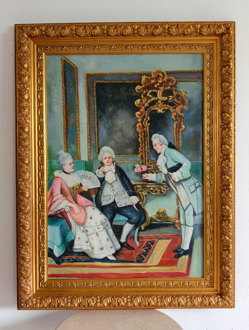 Hand-Painted Oil Painting in Distressed Gold Frame