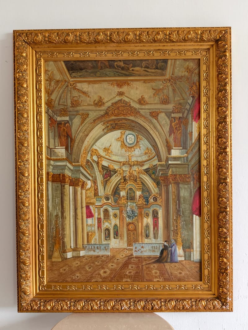 French Hand-Painted Oil Painting, Distressed Gold Frame
