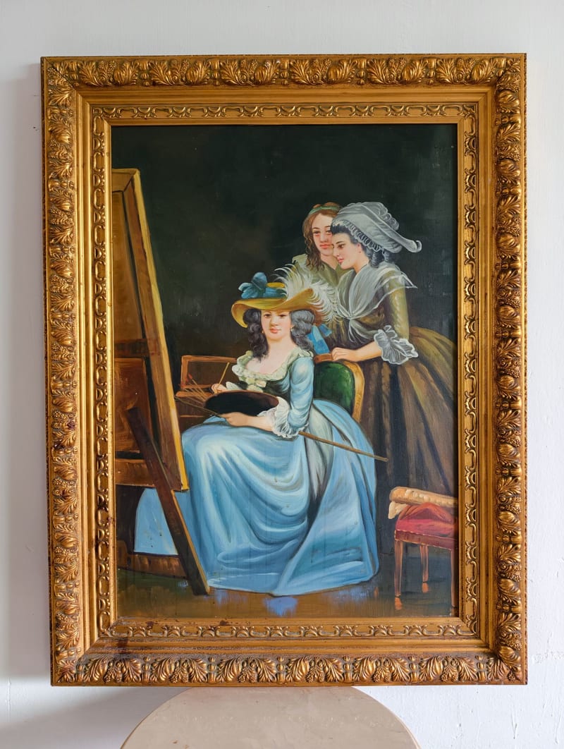 American Hand-Painted Oil Painting, Distressed Gold Frame
