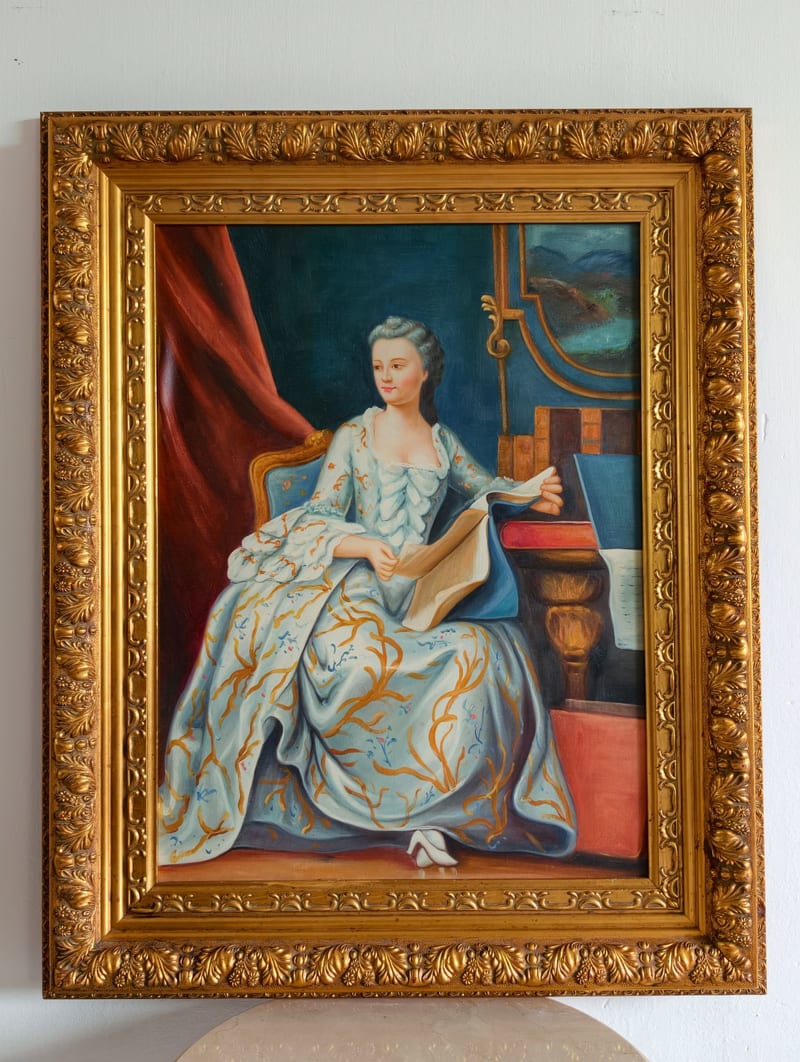 Hand-Painted Oil Painting on Linen with Blue-Gold Distressed Wood Frame