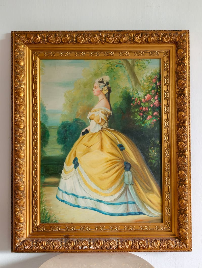 Hand-Painted Oil Painting on Linen with Distressed Gold Wood Frame