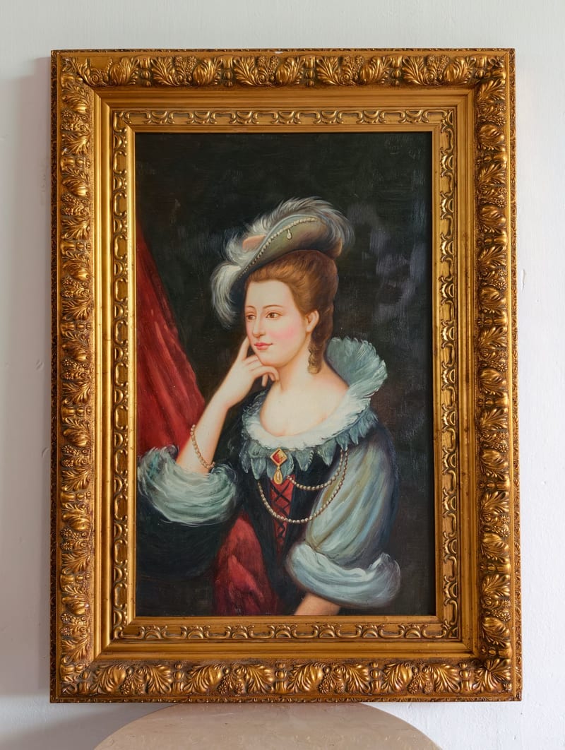 French Hand-Painted Oil Painting, Gold Distressed Frame