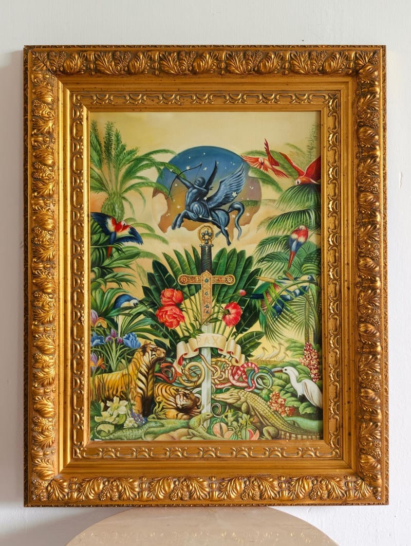 Hand-Painted Oil Painting in Distressed Gold Wood Frame