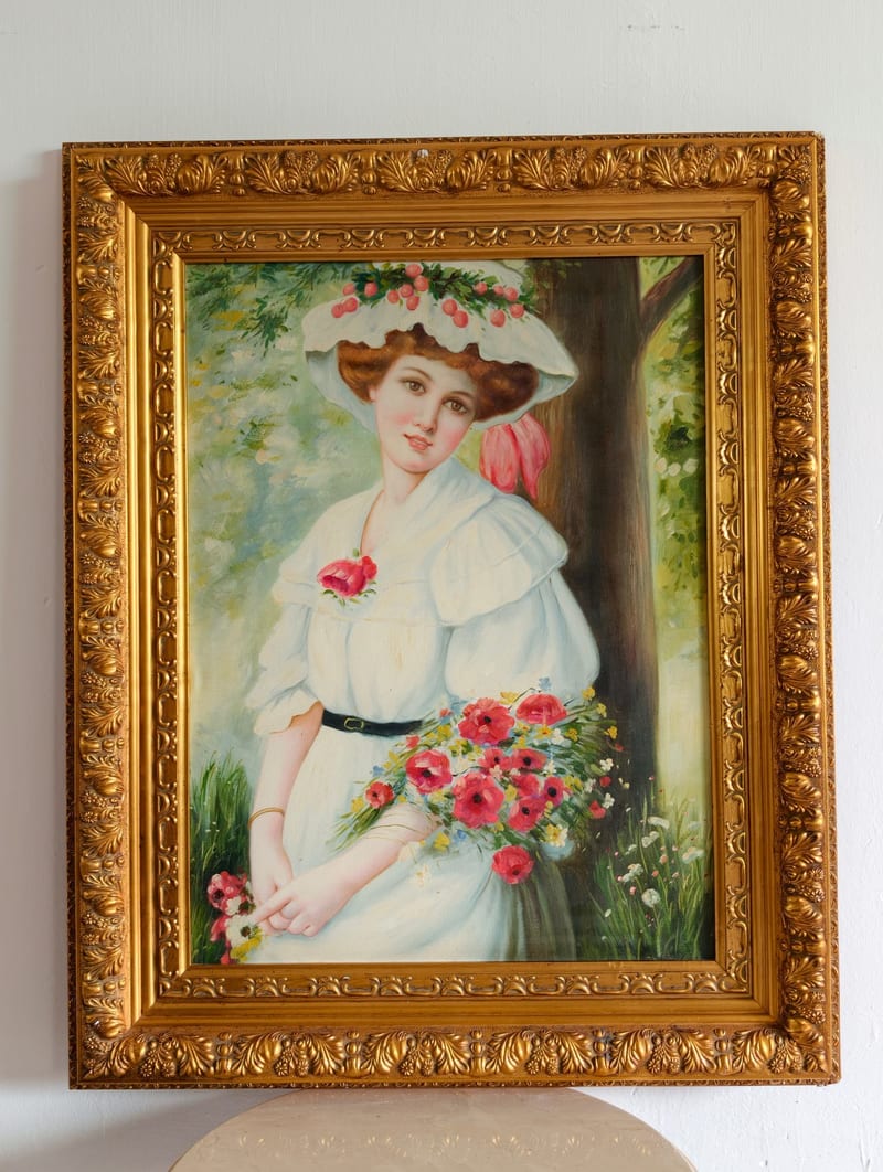 Hand-Painted Oil Painting on Linen, Distressed Gold Frame