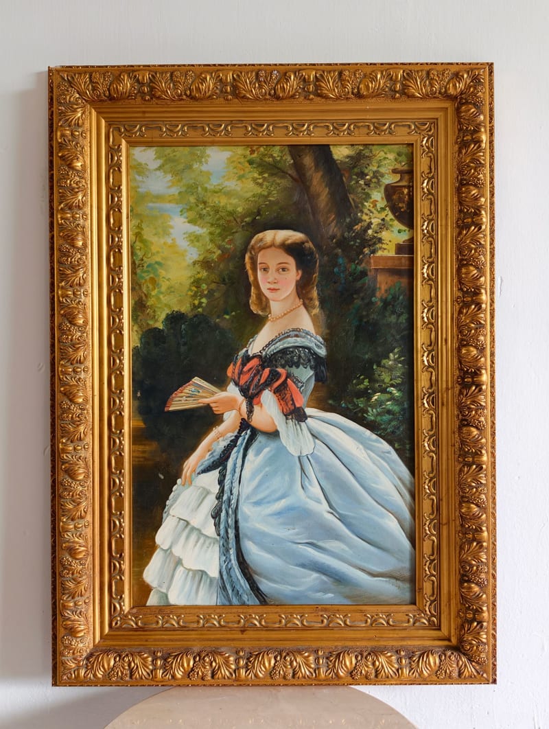Hand-Painted Oil Painting on Linen with Distressed Gold Wood Frame