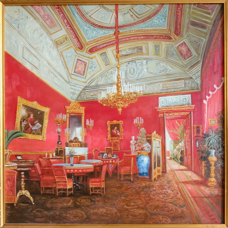 Hand-Painted Oil Painting in Distressed Gold Wood Frame