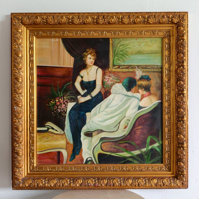 American Hand-Painted Oil Painting in Antique Gold Wood Frame