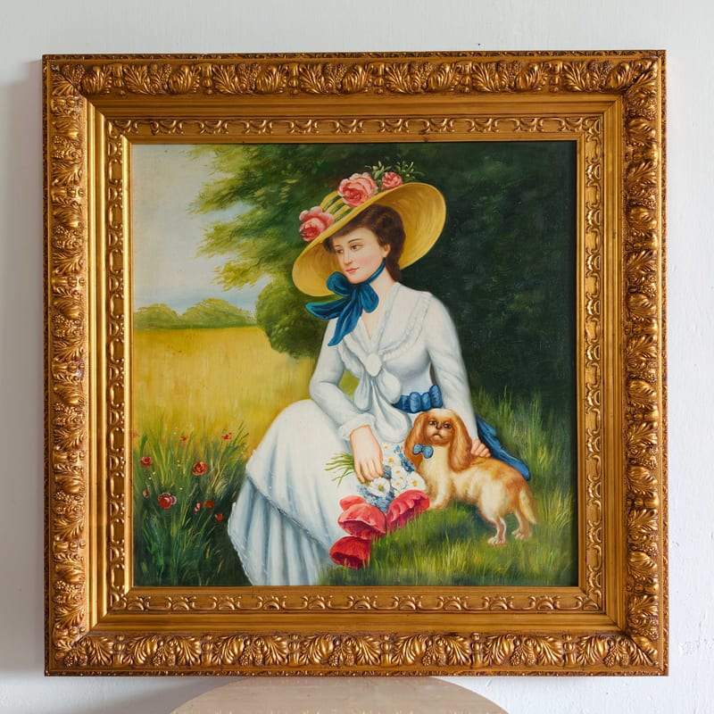 Hand-Painted Oil Painting in Distressed Blue-Gold Wood Frame