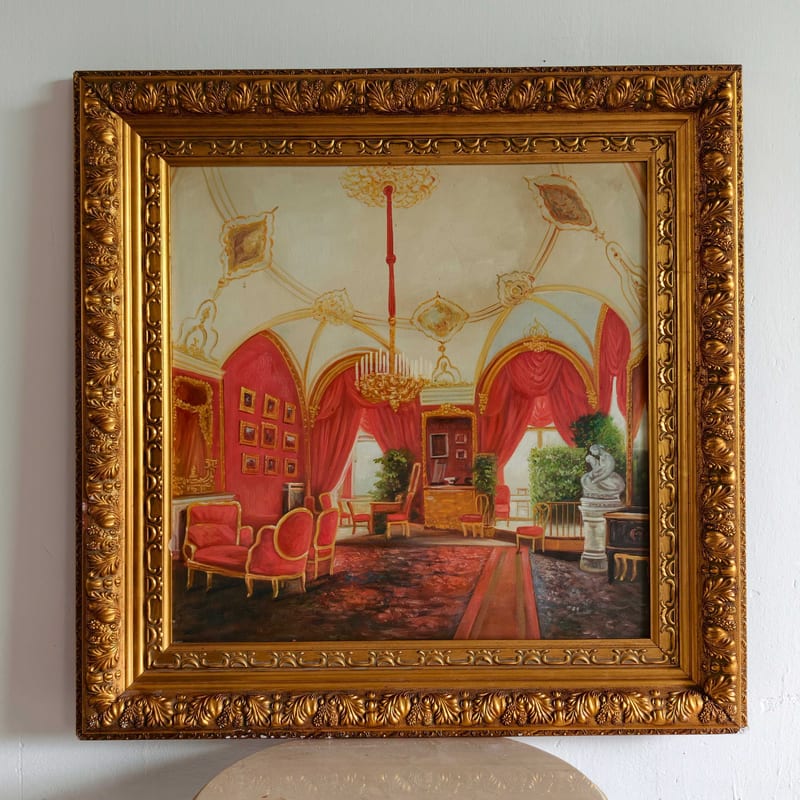 French Hand-Painted Oil Painting, Blue-Gold Distressed Frame