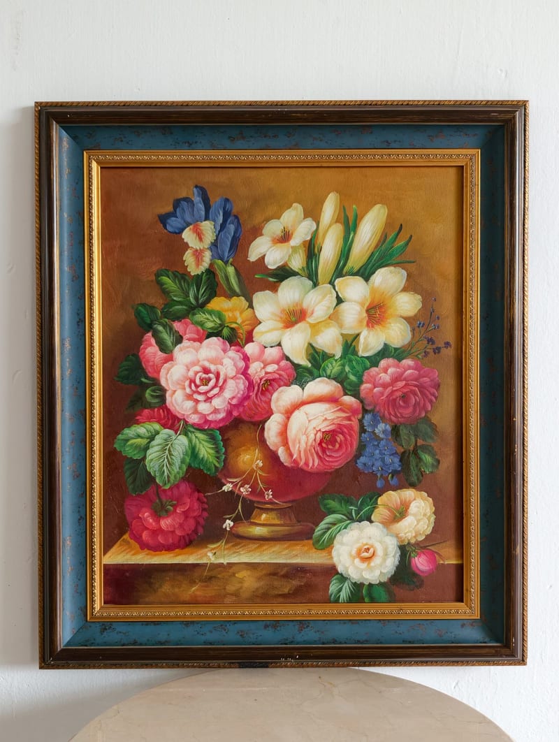 Hand-Painted Oil Painting in Distressed Blue-Gold Wood Frame