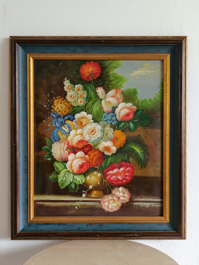 Meiju American Hand-Painted Oil Painting, Blue-Gold Distressed Frame