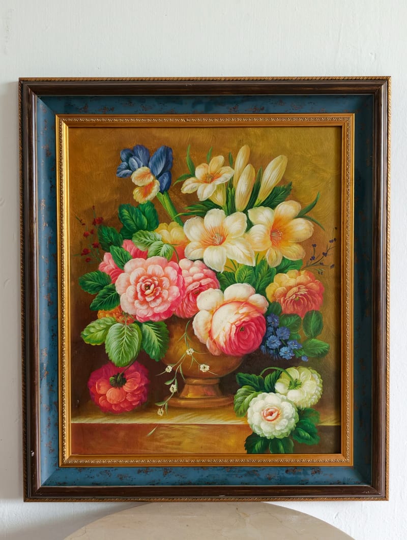 Blue & Gold Distressed Hand-Painted Oil Painting, Linen, Solid Wood Frame