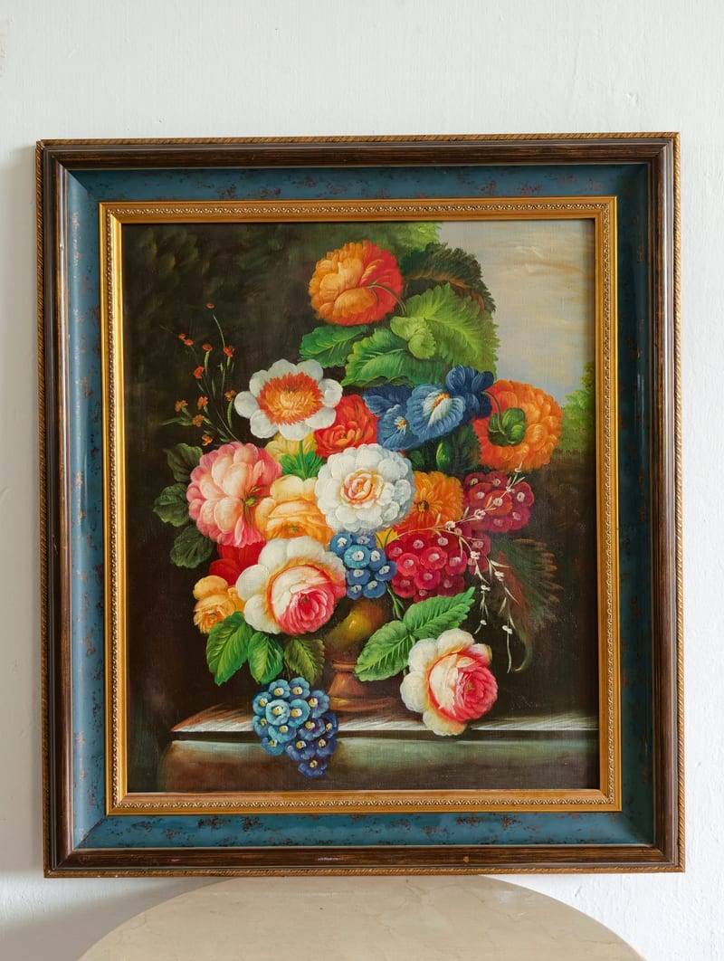 Blue & Gold Distressed Hand-Painted Oil Painting