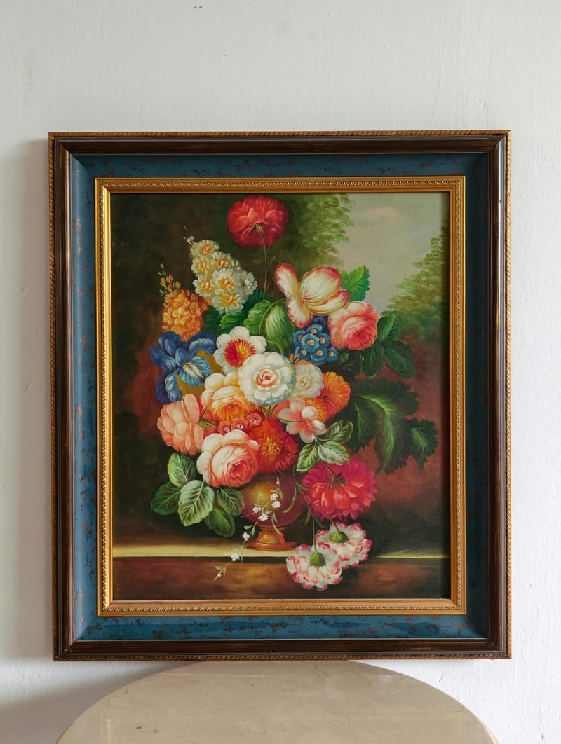 Meiju American Hand-Painted Oil Painting, Blue-Gold Distressed Frame