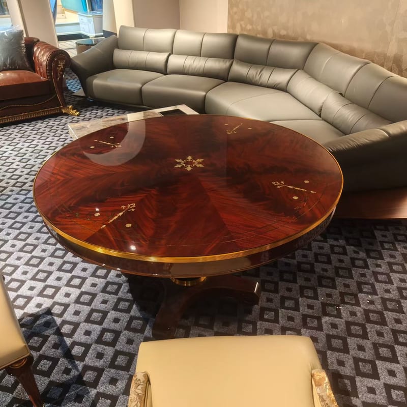 Chuancheng Dazhai Mahogany Burl Round Dining Set with 6 Chairs
