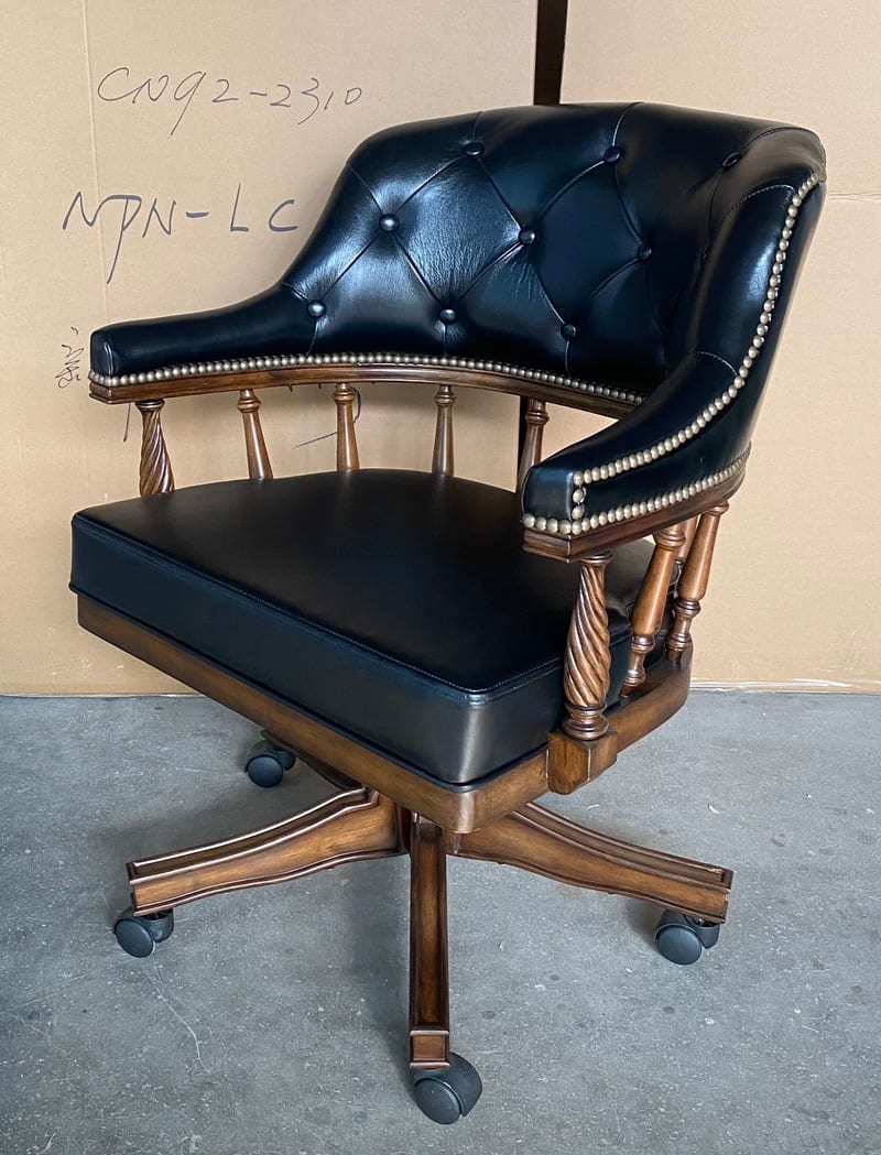 Vintage Solid Wood Leather Swivel Chair with Nailhead Trim