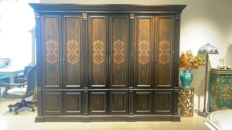 American Solid Wood 6-Door Wardrobe, Distressed Brown