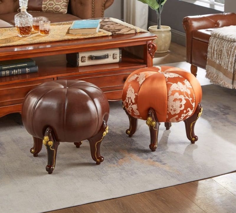 Solid Wood Leather Pumpkin Stool